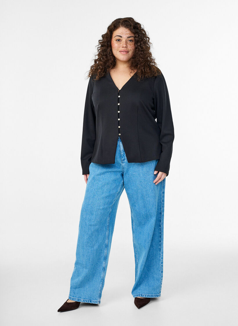 Cardigan &agrave; col en V avec des boutons dor&eacute;s, Noir, Model image number 1