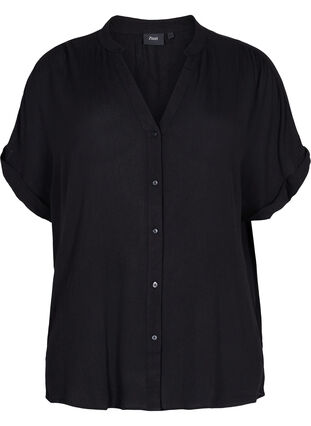 Chemise à manches courtes en viscose avec col en V, Black, Packshot image number 0
