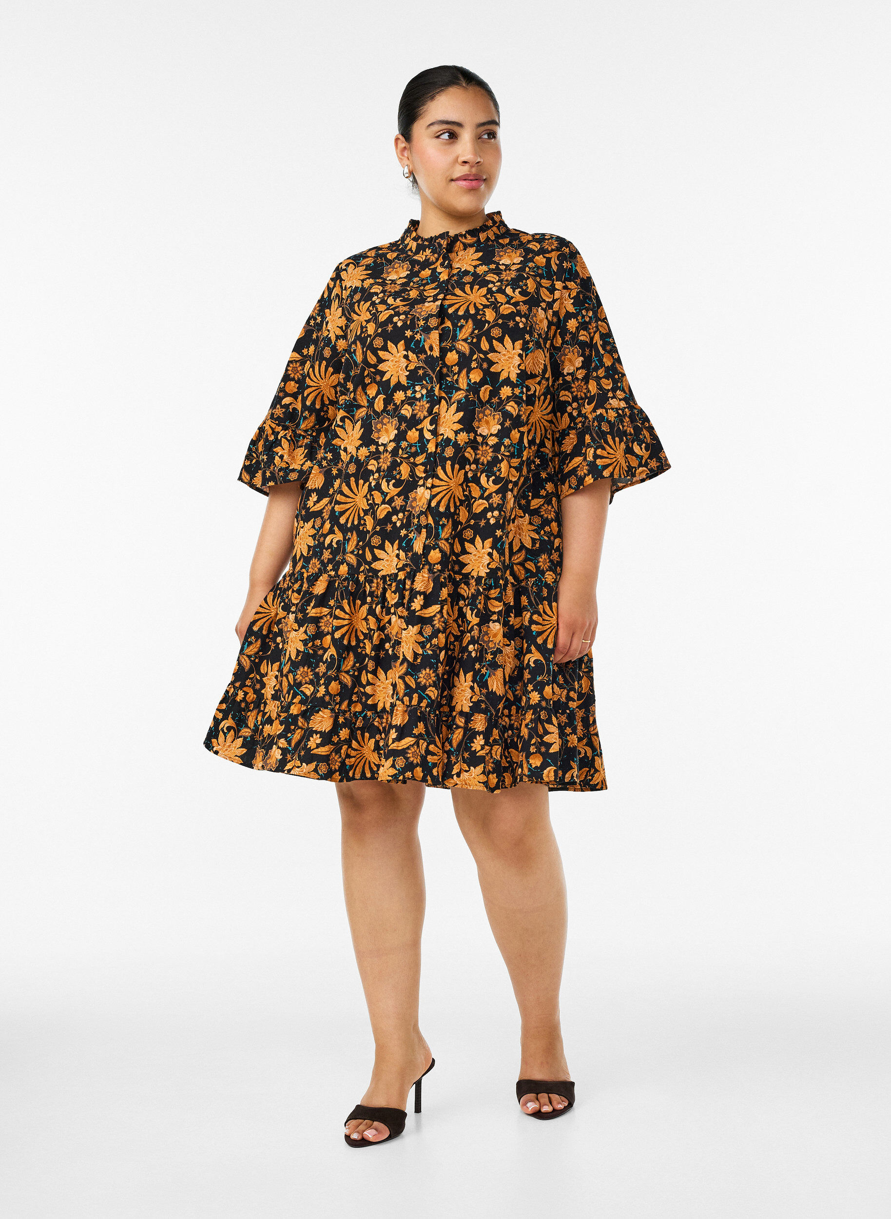 ZizziRobe florale en coton avec volants et coupe &eacute;vas&eacute;e ample, Orange, Model image number 1