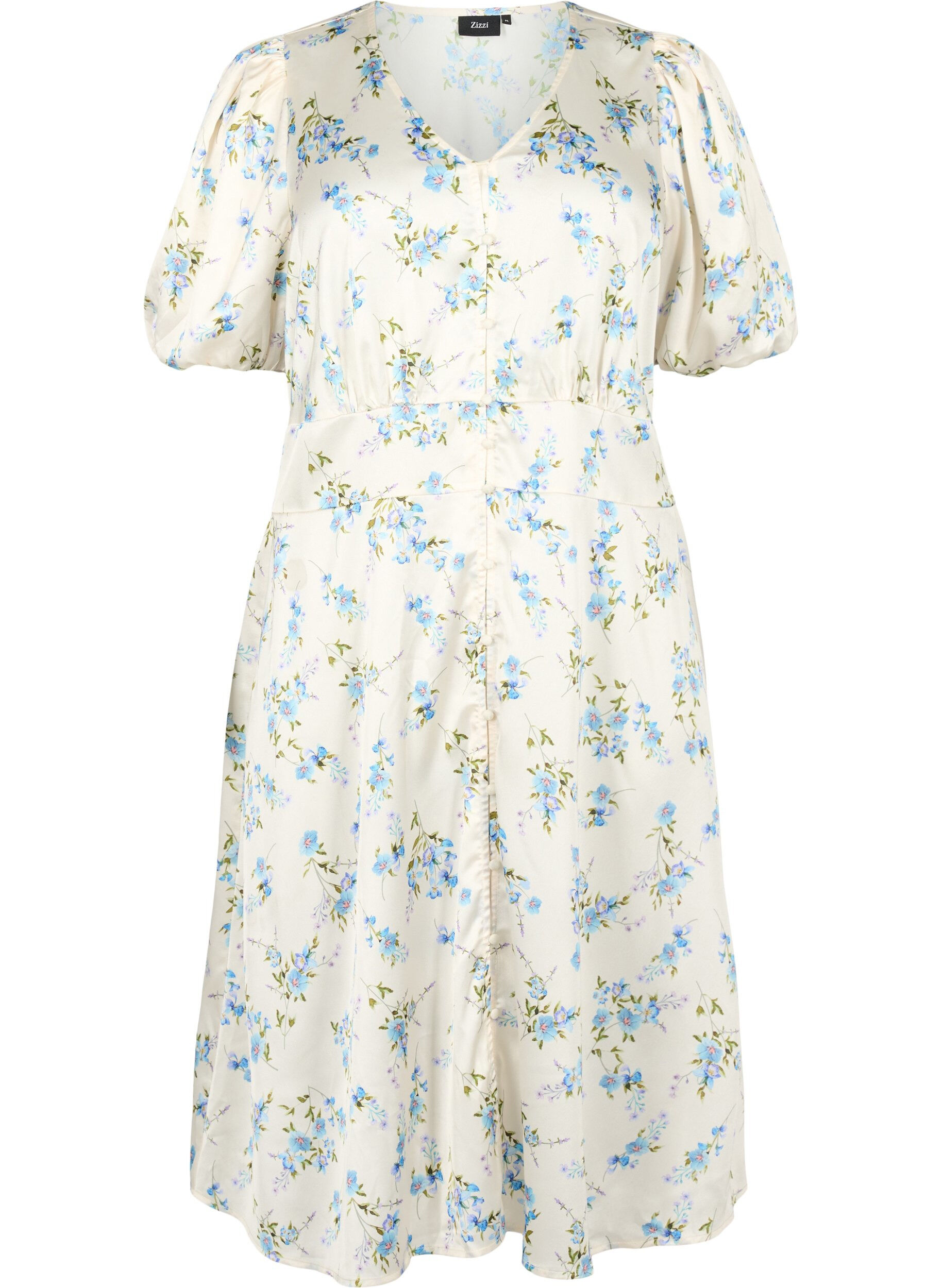 Zizzi Robe en satin floral avec manches bouffantes, Off White Blue Fl., Packshot image number 0