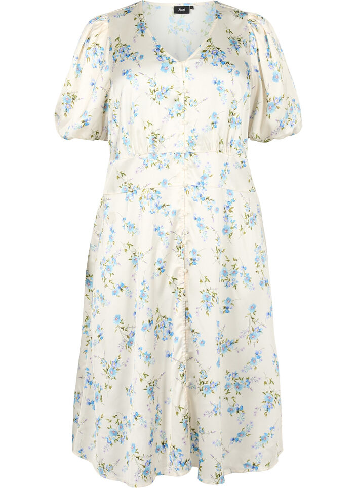 Robe en satin floral avec manches bouffantes, Off White Blue Fl., Packshot image number 0