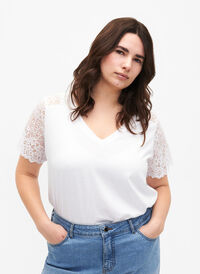 T-shirt en coton à manches courtes en dentelle, Bright White, Model
