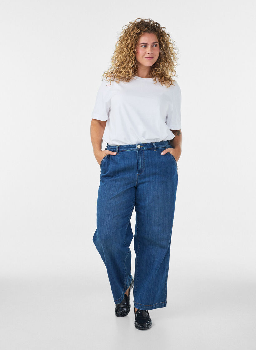 Jean Myra coupe large taille haute, Bleu, Model image number 0