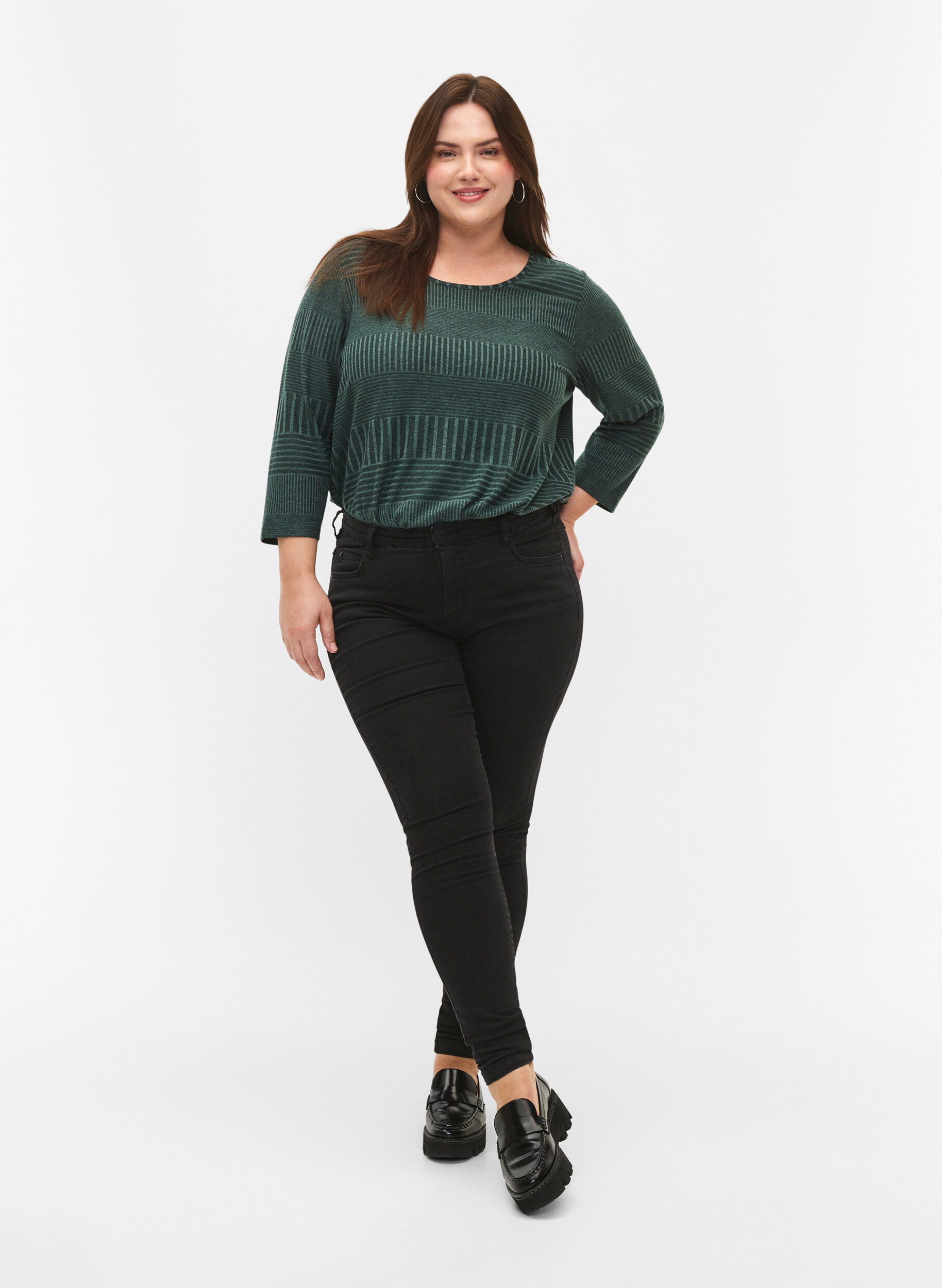 Zizzi Blouse avec manches 3/4 et motif ray&eacute;, Scarab Melange, Model image number 2