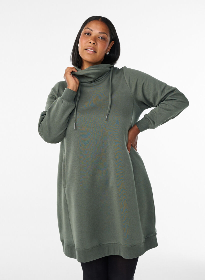 Robe sweat-shirt courte &agrave; col montant et poches, Vert, Model image number 0
