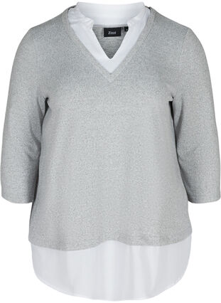 Blouse chinée à manches 3/4 et détails de chemise, Light Grey Melange, Packshot image number 0