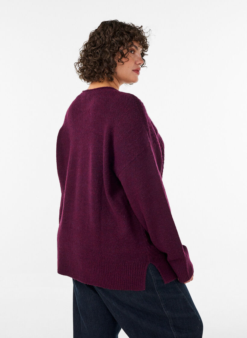 Blouse en maille avec motif c&ocirc;tel&eacute; en V et fentes, Bordeaux, Model image number 2