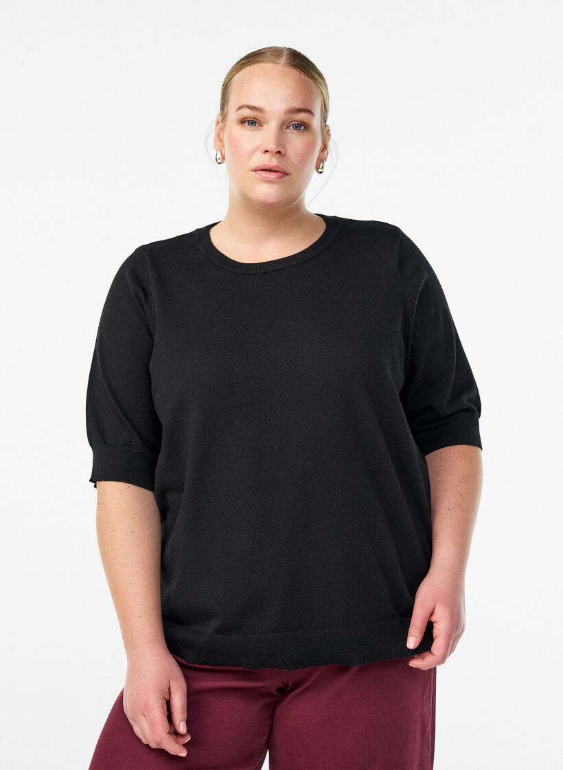 Blouse en fine maille &agrave; manches courtes, Noir, Model image number 0