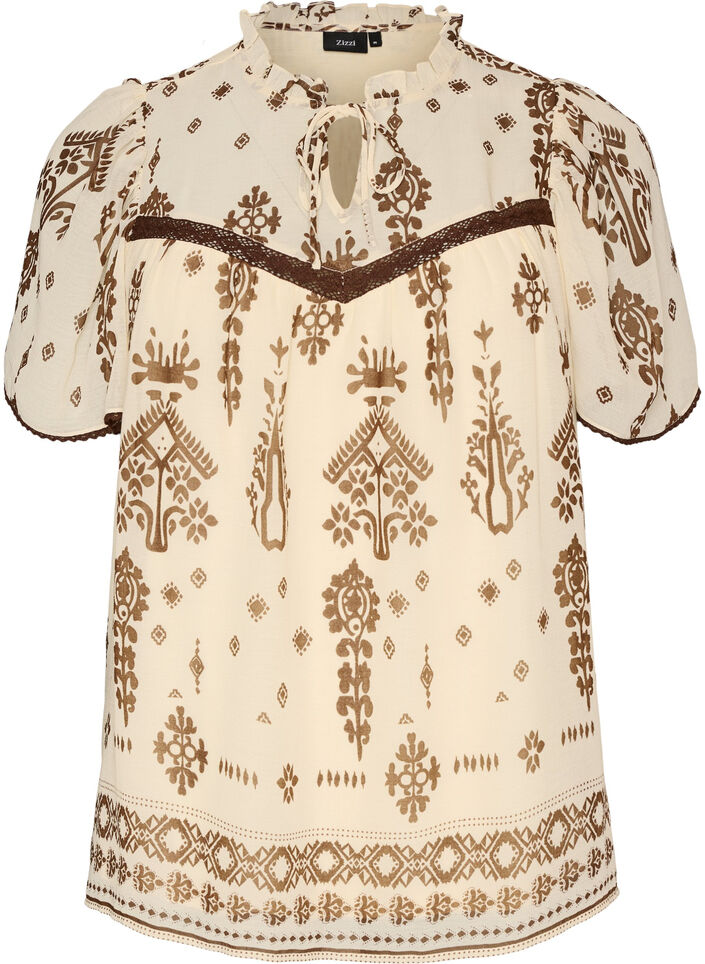 Blouse &agrave; motifs et bordure en crochet, Beige, Packshot image number 0