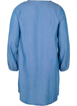 Robe en denim avec col en V et volants, Blue denim, Packshot image number 1