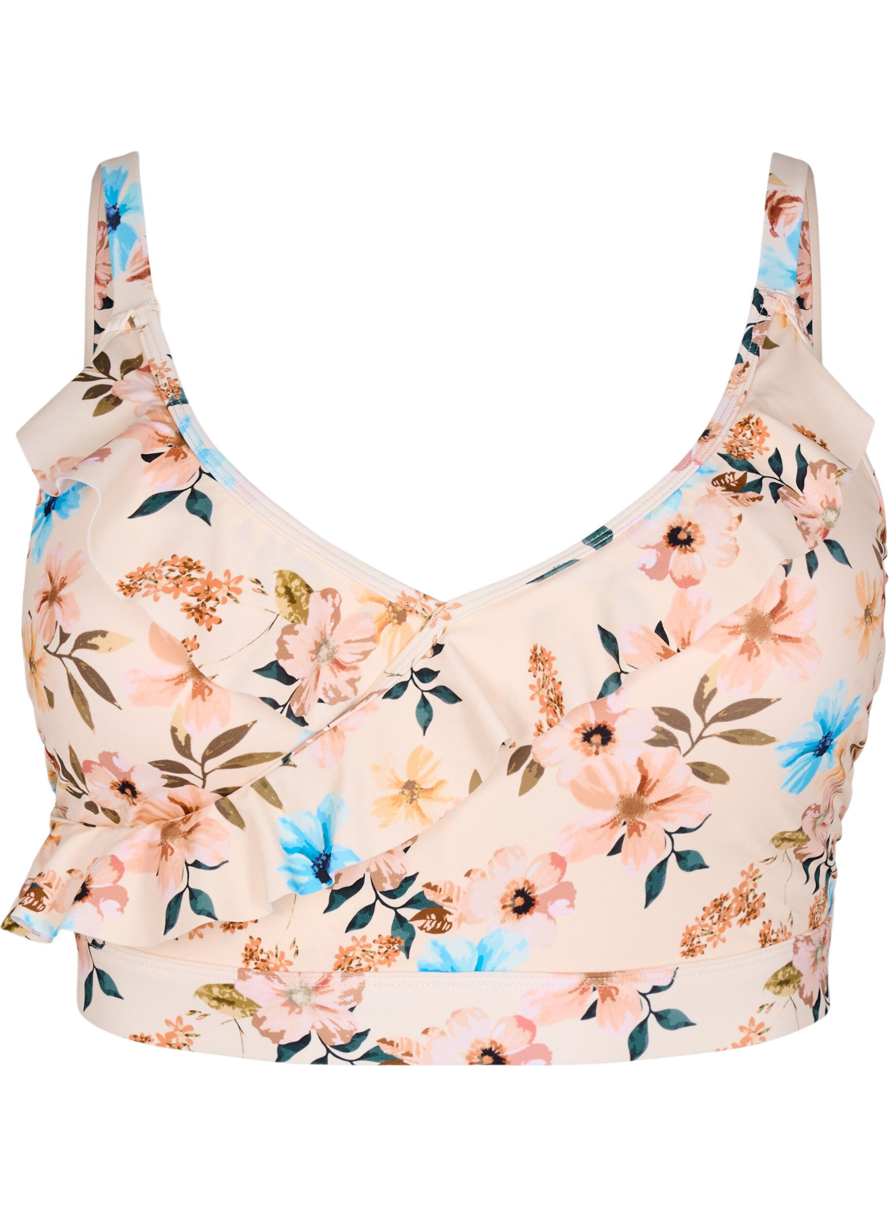 ZizziHaut de bikini &agrave; fleurs et &agrave; d&eacute;tails de jabot, Beige, Packshot image number 0