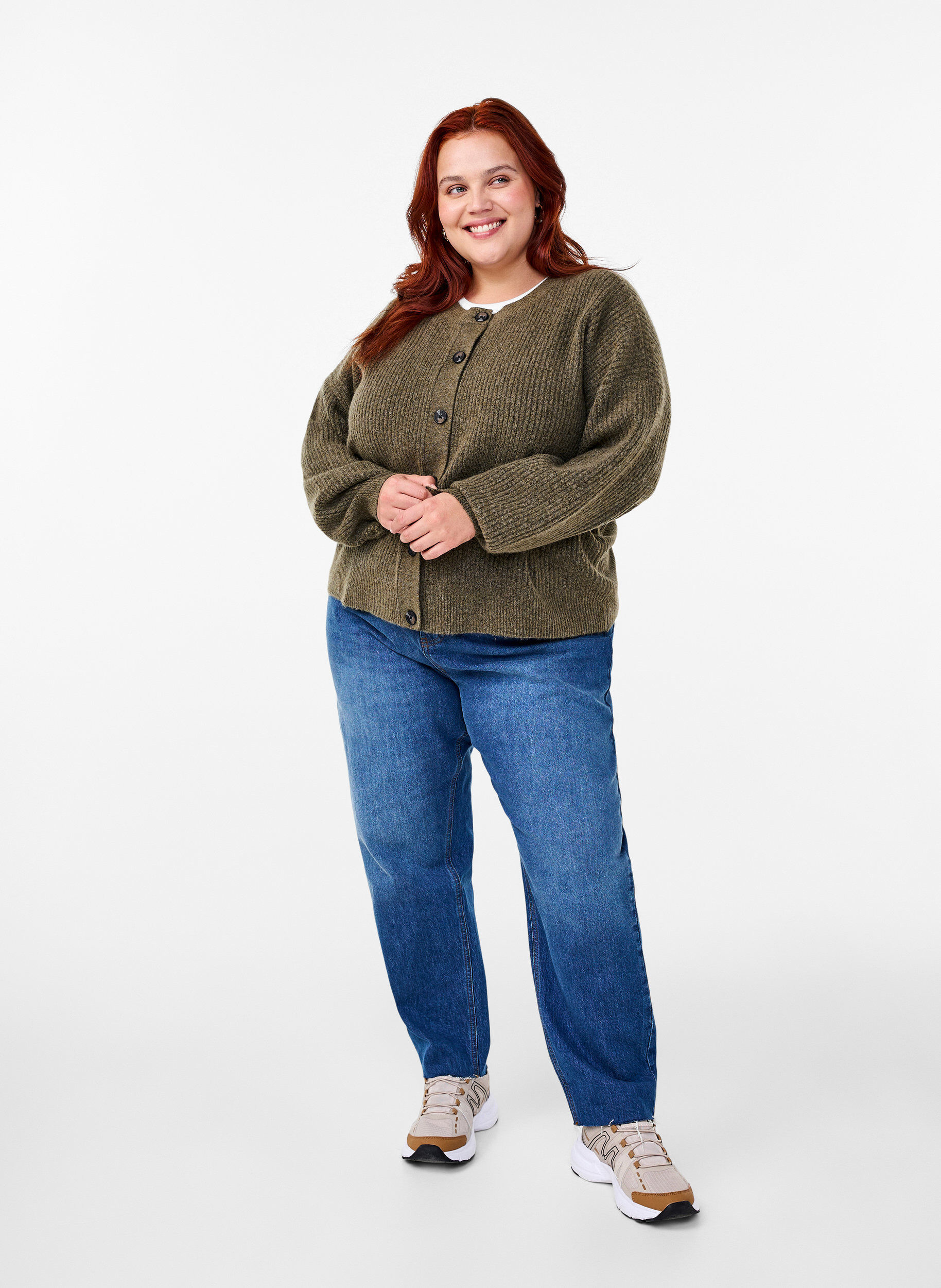 Zizzi Cardigan en tricot c&ocirc;tel&eacute; avec boutons, Vert, Model image number 1