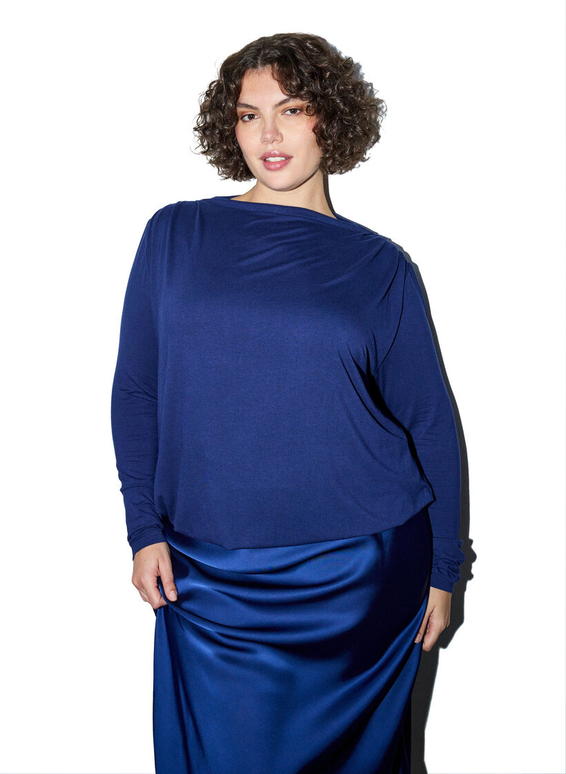 Blouse &agrave; encolure bateau et coupe ballon, Bleu, Model image number 0