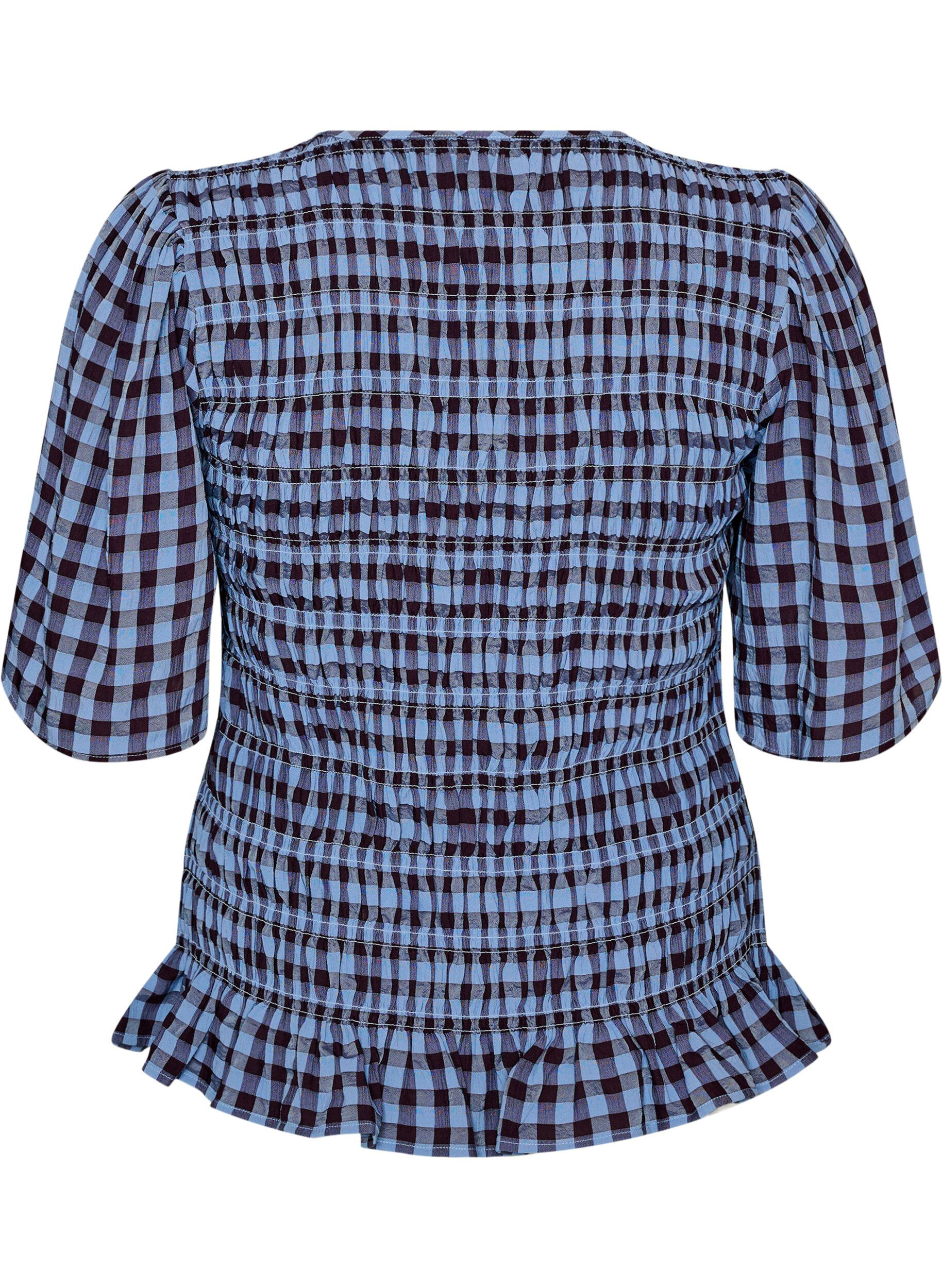 ZizziBlouse smock&eacute;e &agrave; carreaux vichy et ourlet &agrave; volants, Bleu, Packshot image number 1