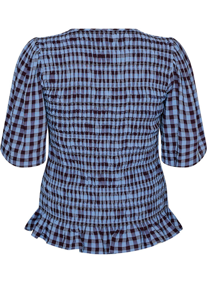 Blouse smock&eacute;e &agrave; carreaux vichy et ourlet &agrave; volants, Bleu, Packshot image number 1