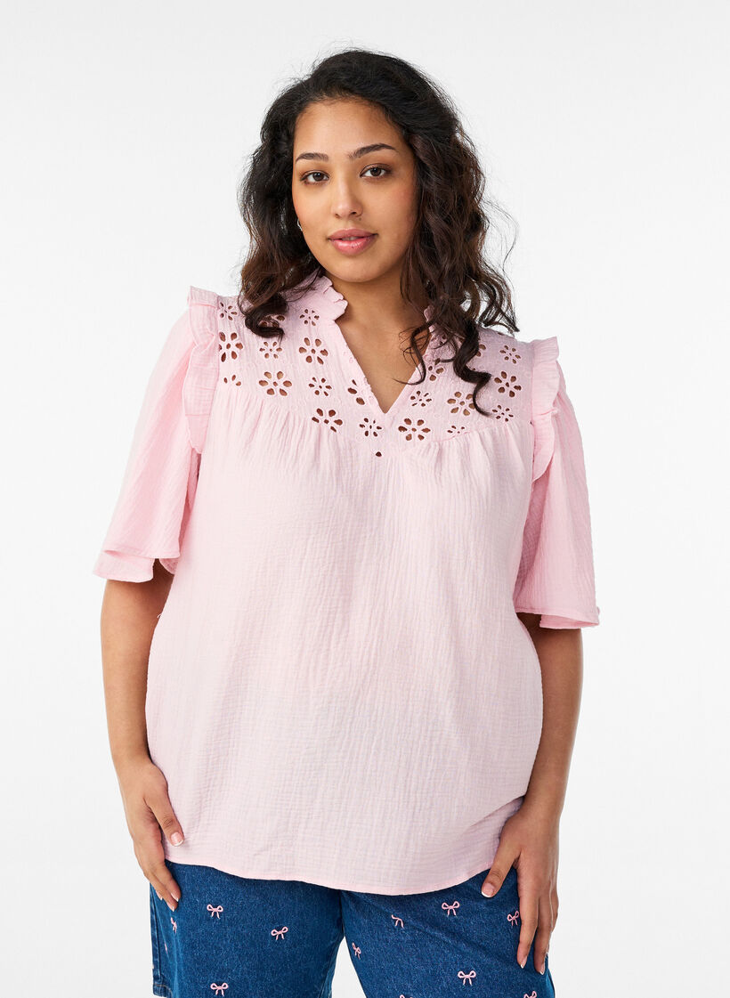Blouse en mousseline de coton avec broderie anglaise et manches 1/2, Rose, Model image number 0