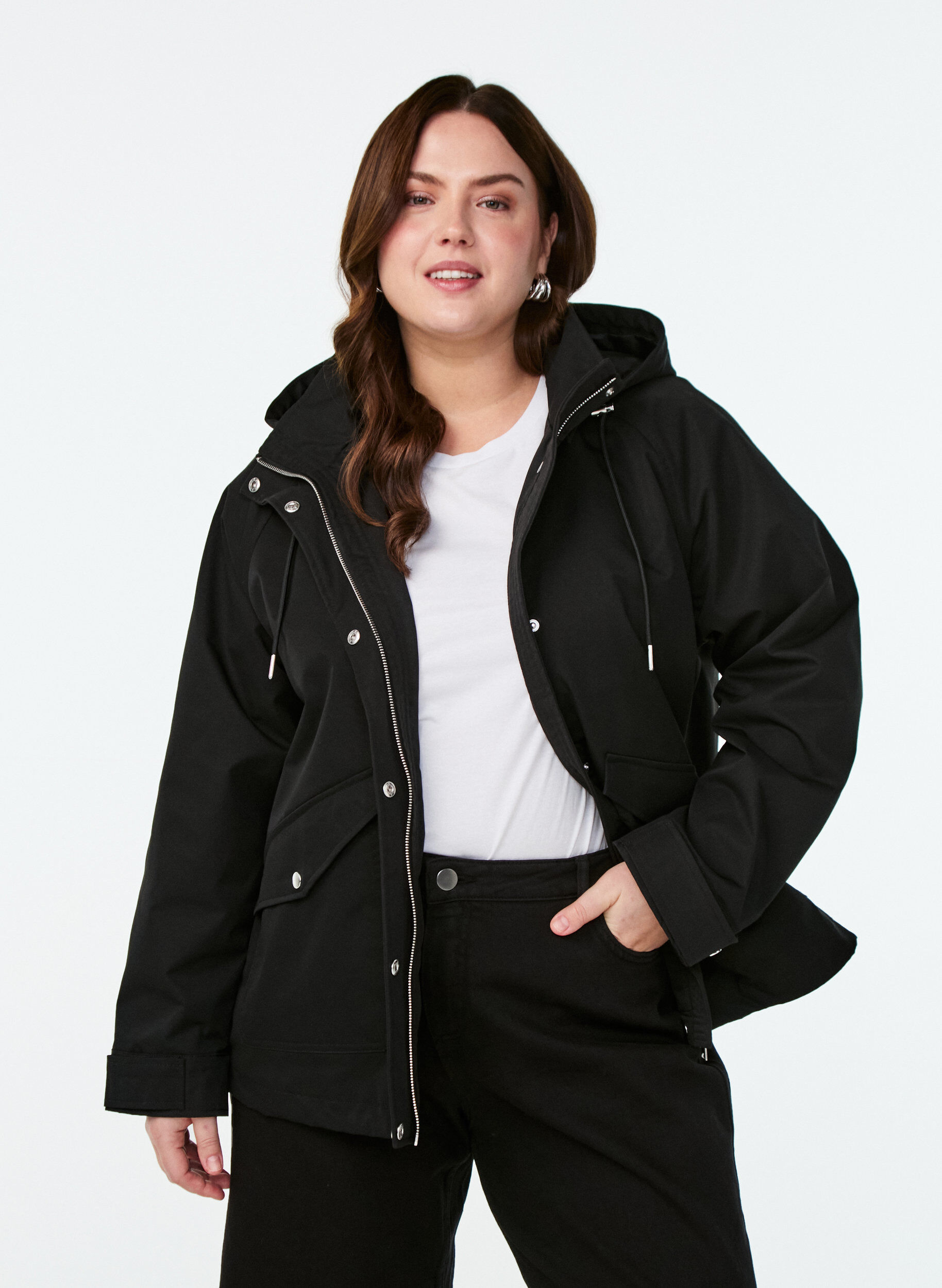ZizziVeste courte de printemps avec capuche amovible, Noir, Model image number 0