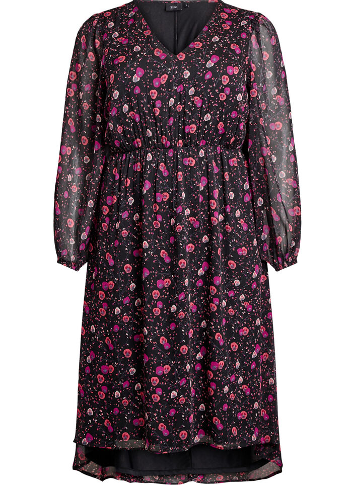 Robe en mousseline à imprimé floral et manches longues, Noir, Packshot image number 0