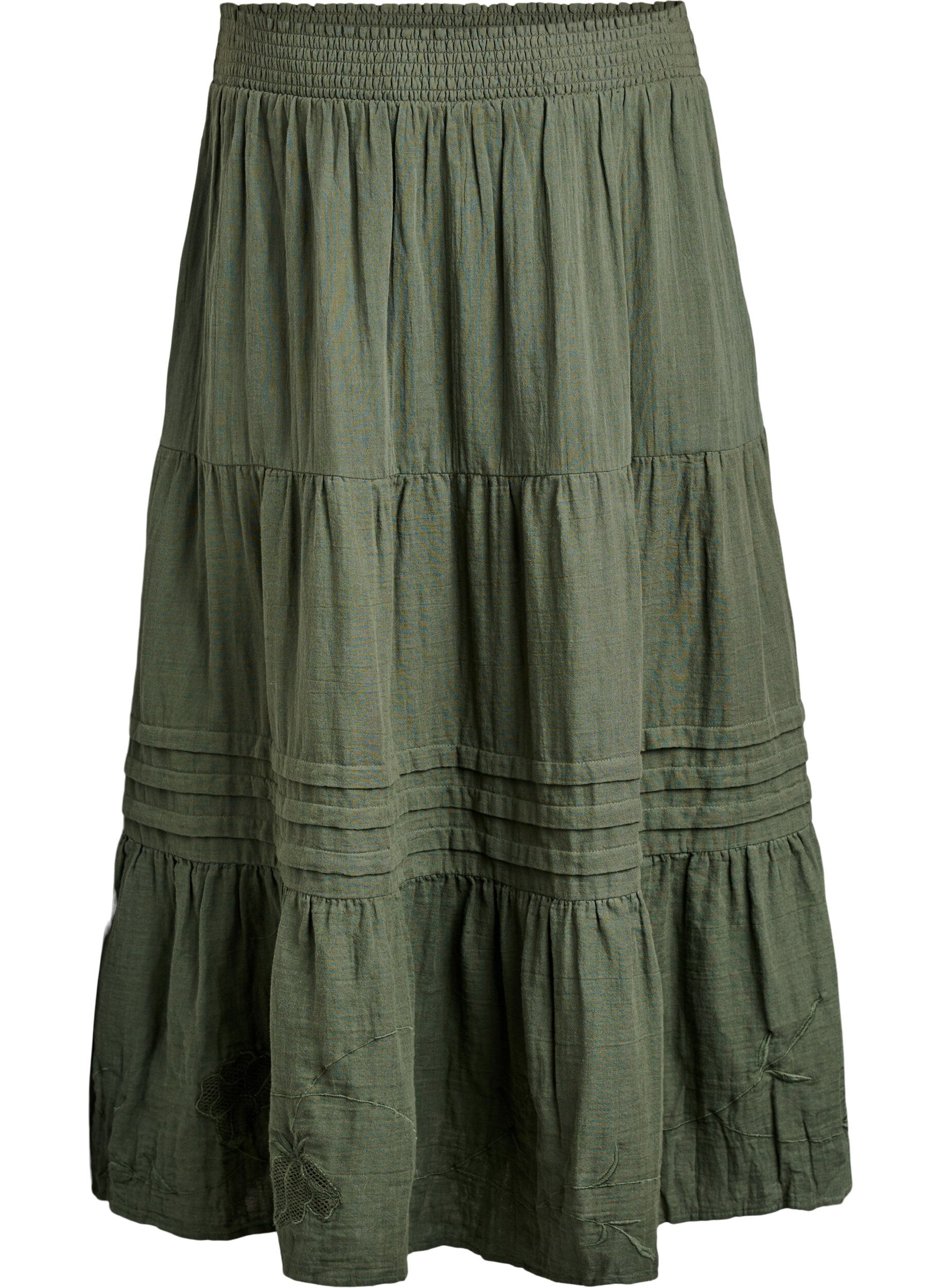 Zizzi Jupe longue en mousseline de coton avec d&eacute;tails brod&eacute;s, Thyme, Packshot image number 0