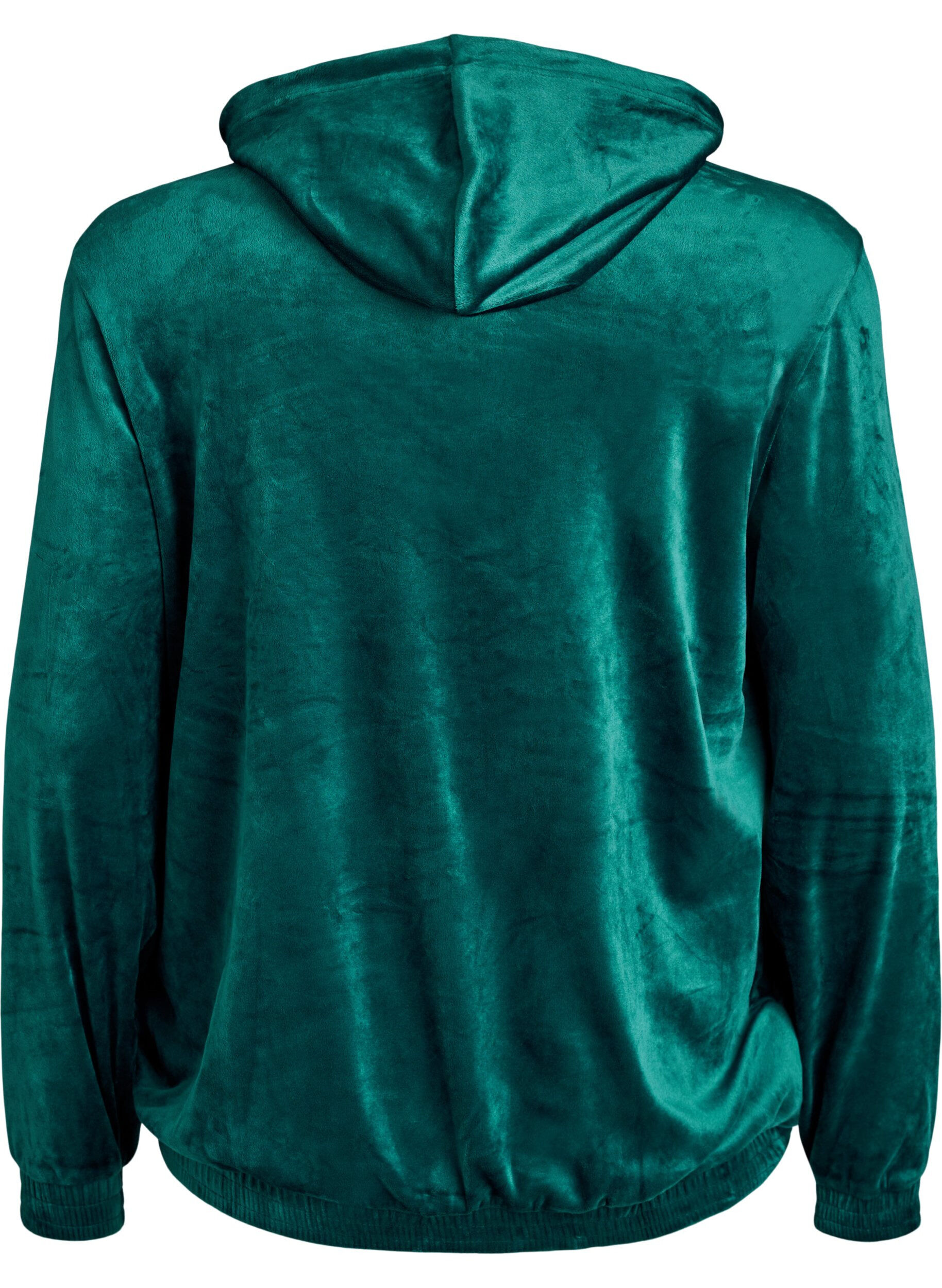 Zizzi Cardigan en velours avec zip et capuche, Vert, Packshot image number 1