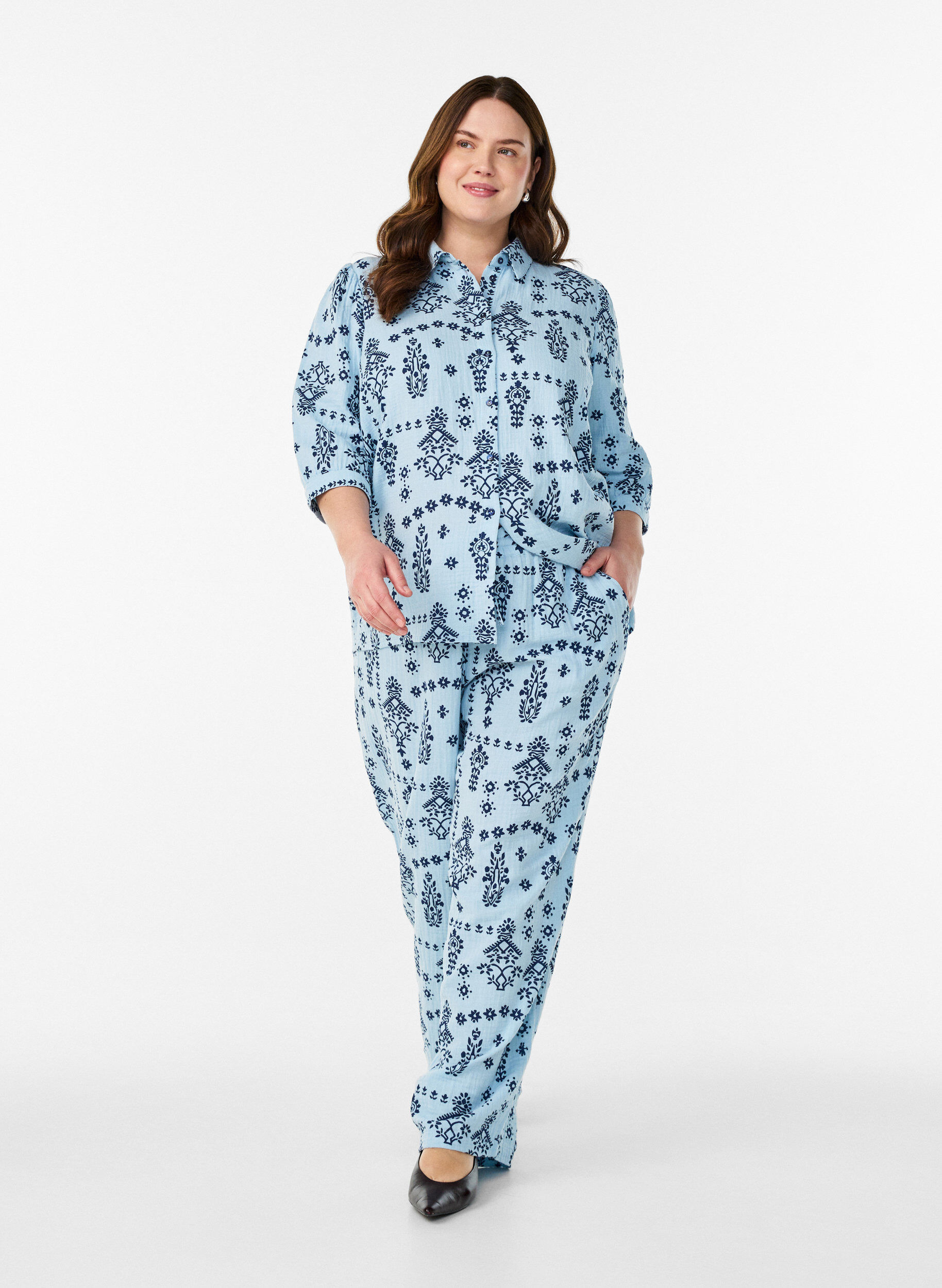 Zizzi Chemisier &agrave; manches 3/4, Bleu Clair, Model image number 1