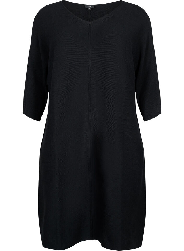 Robe côtelée à manches 3/4, Black, Packshot image number 0