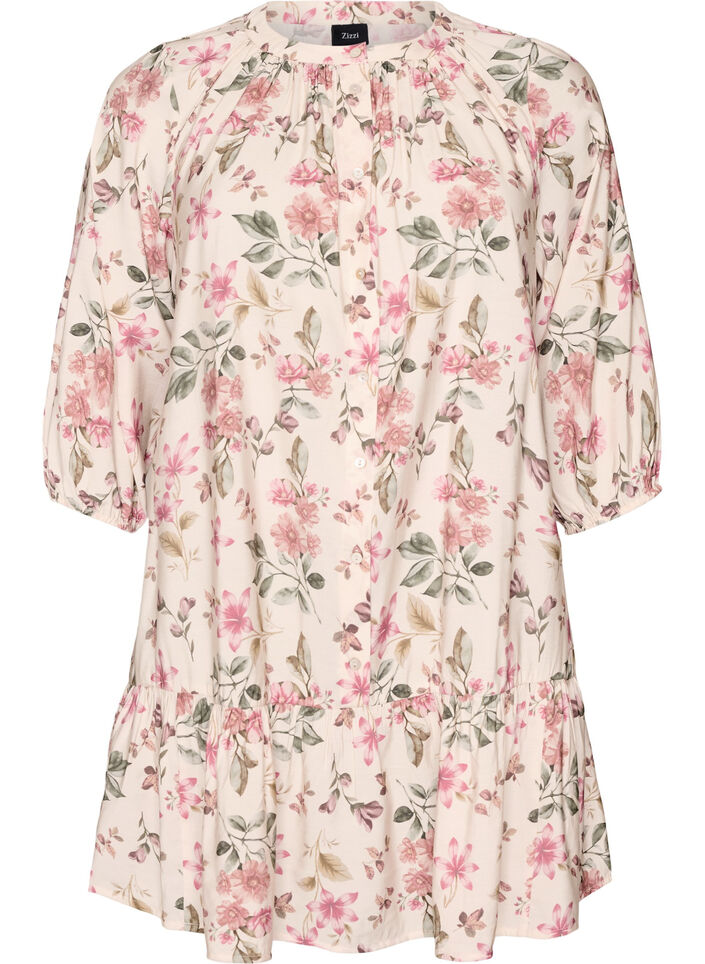 Tunique coupe &eacute;vas&eacute;e en viscose avec manches 3/4, Vanille, Packshot image number 0