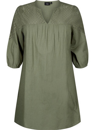 Robe en mélange de coton et de lin agrémentée de détails en crochet, Deep Lichen Green, Packshot image number 0