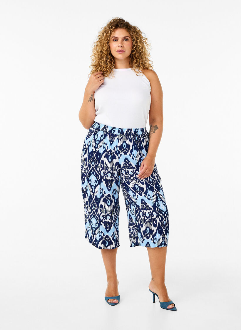 Pantalon culotte en viscose avec imprimé, Blue Ethnic AOP, Model image number 0