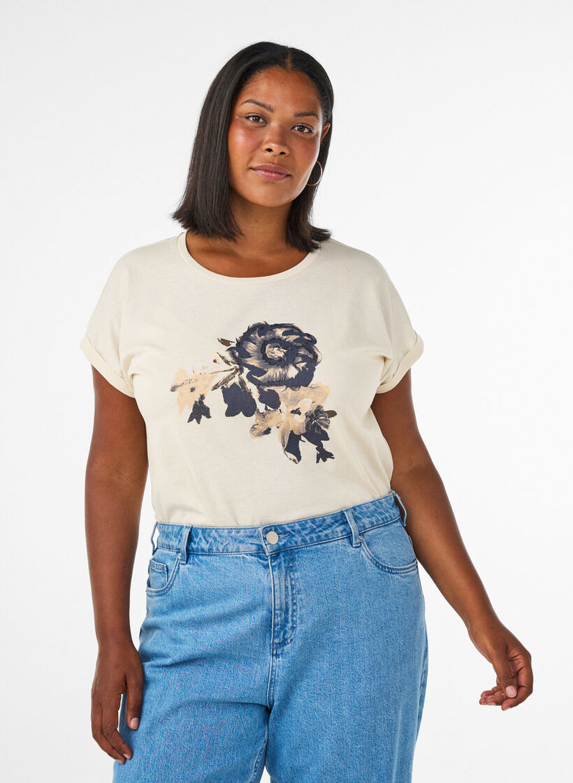 T-shirt avec imprim&eacute; d&eacute;coratif sur le devant, Vanille, Model image number 0