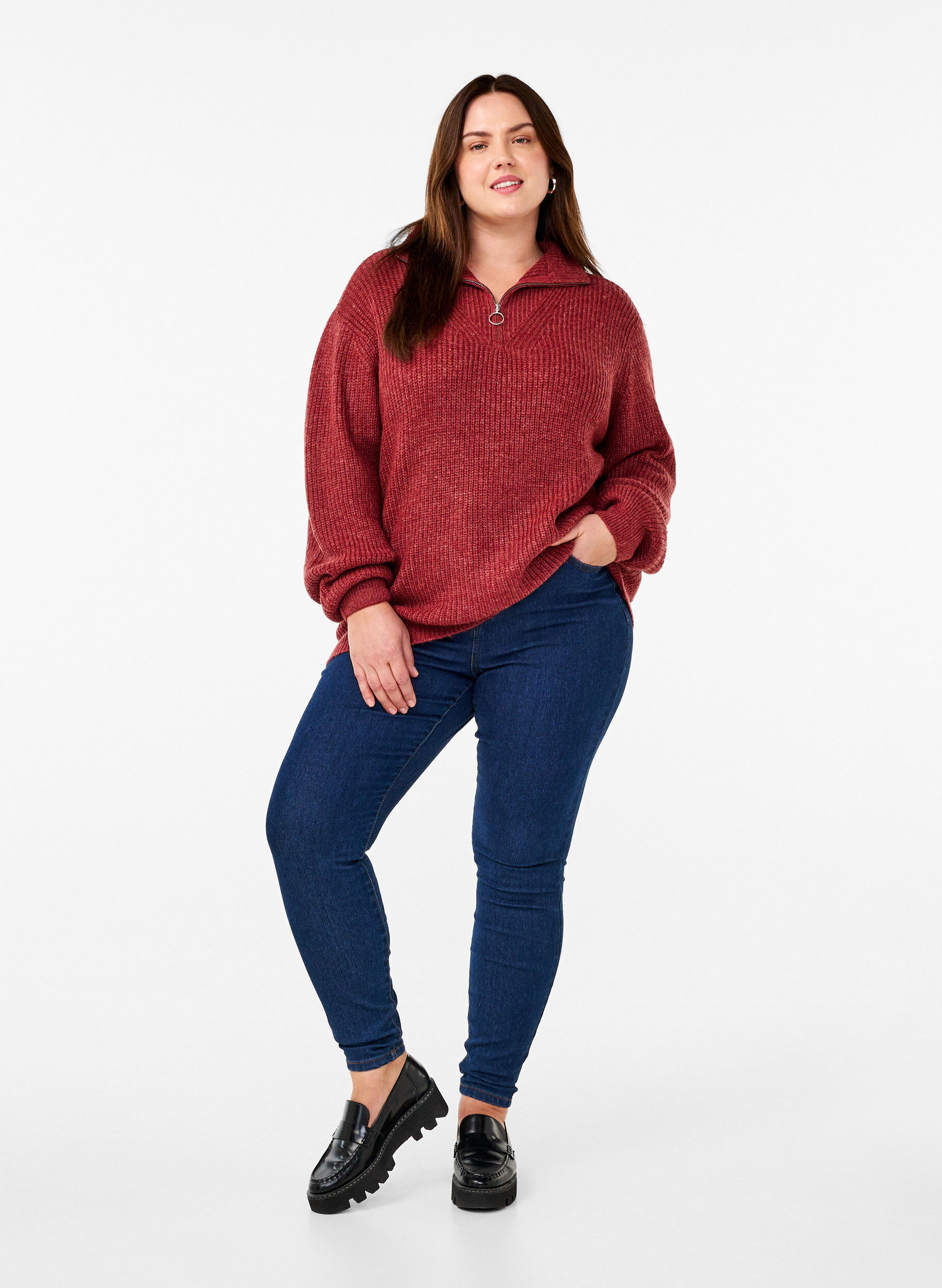 ZizziPull en tricot avec col haut et fermeture &eacute;clair, Bordeaux, Model image number 1