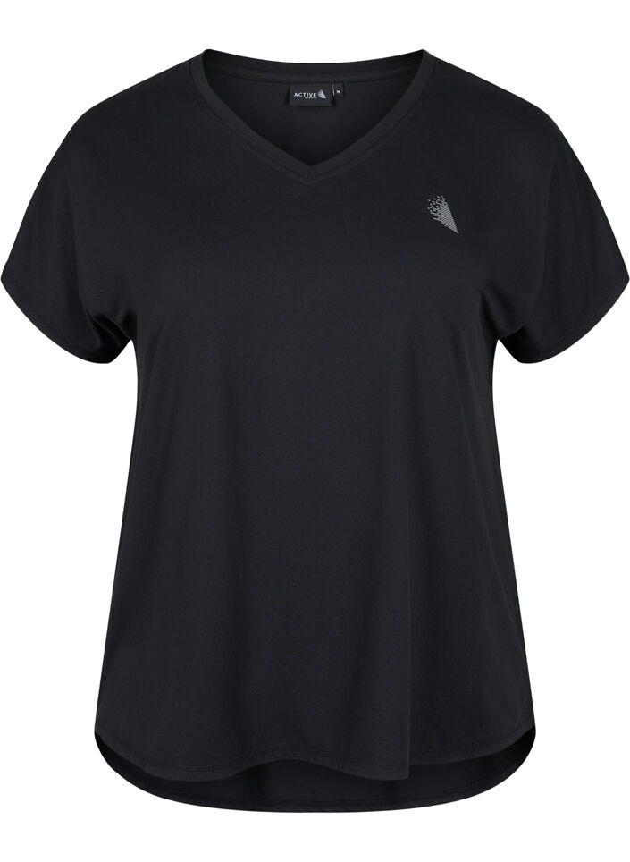 T-shirt de sport &agrave; manches courtes avec col en V, Noir, Packshot