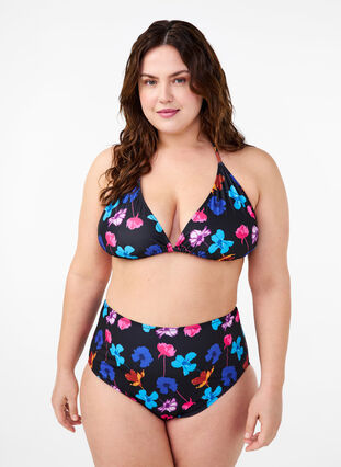 Bas de bikini à imprimé et taille haute, Black Flower AOP, Model image number 0
