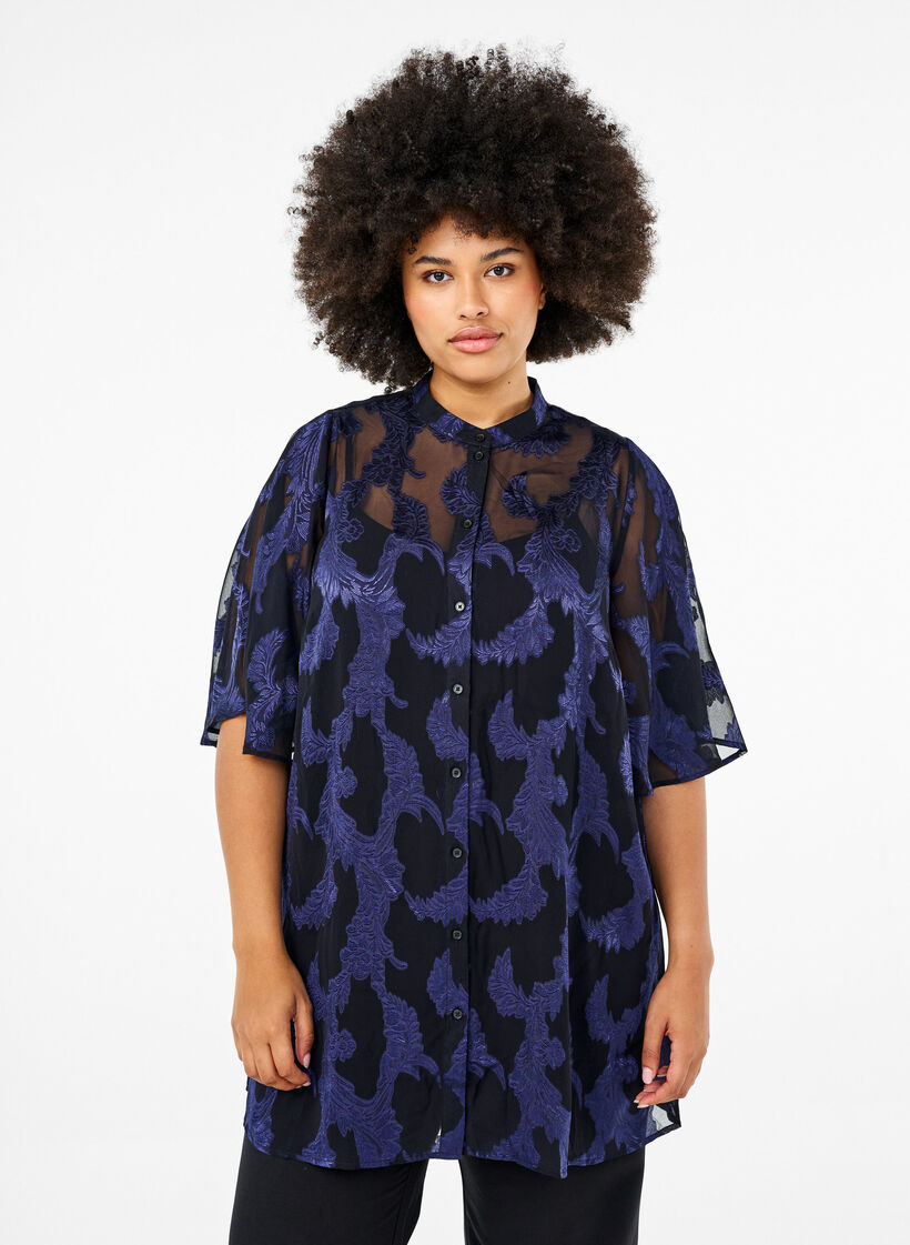 Tunique en mousseline avec motif jacquard, Evening Blue, Model image number 0