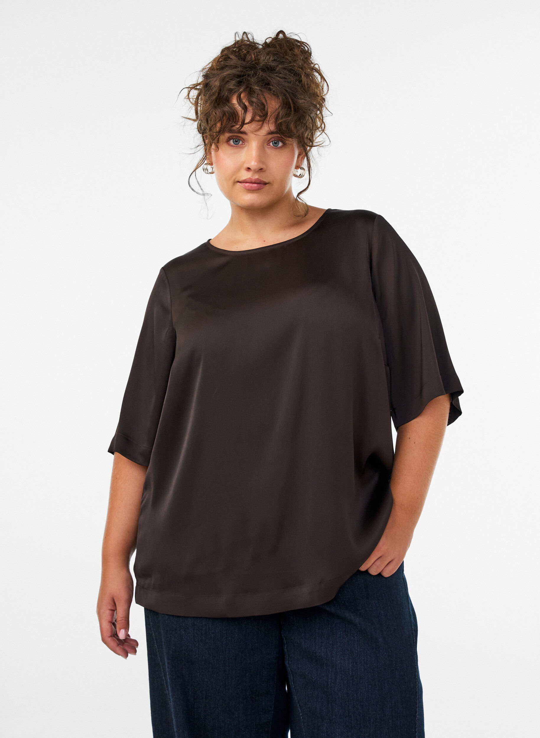 ZizziBlouse en satin &agrave; manches au coude, Marron, Model image number 0