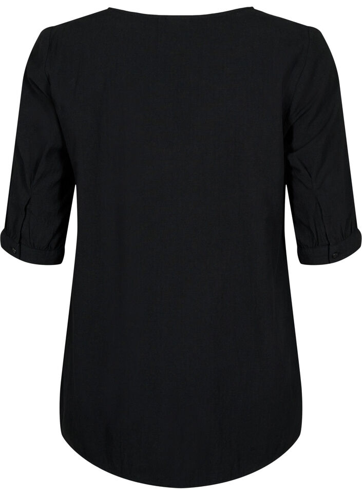 FLASH - Blouse en coton &agrave; manches mi-longues, Black, Packshot image number 1
