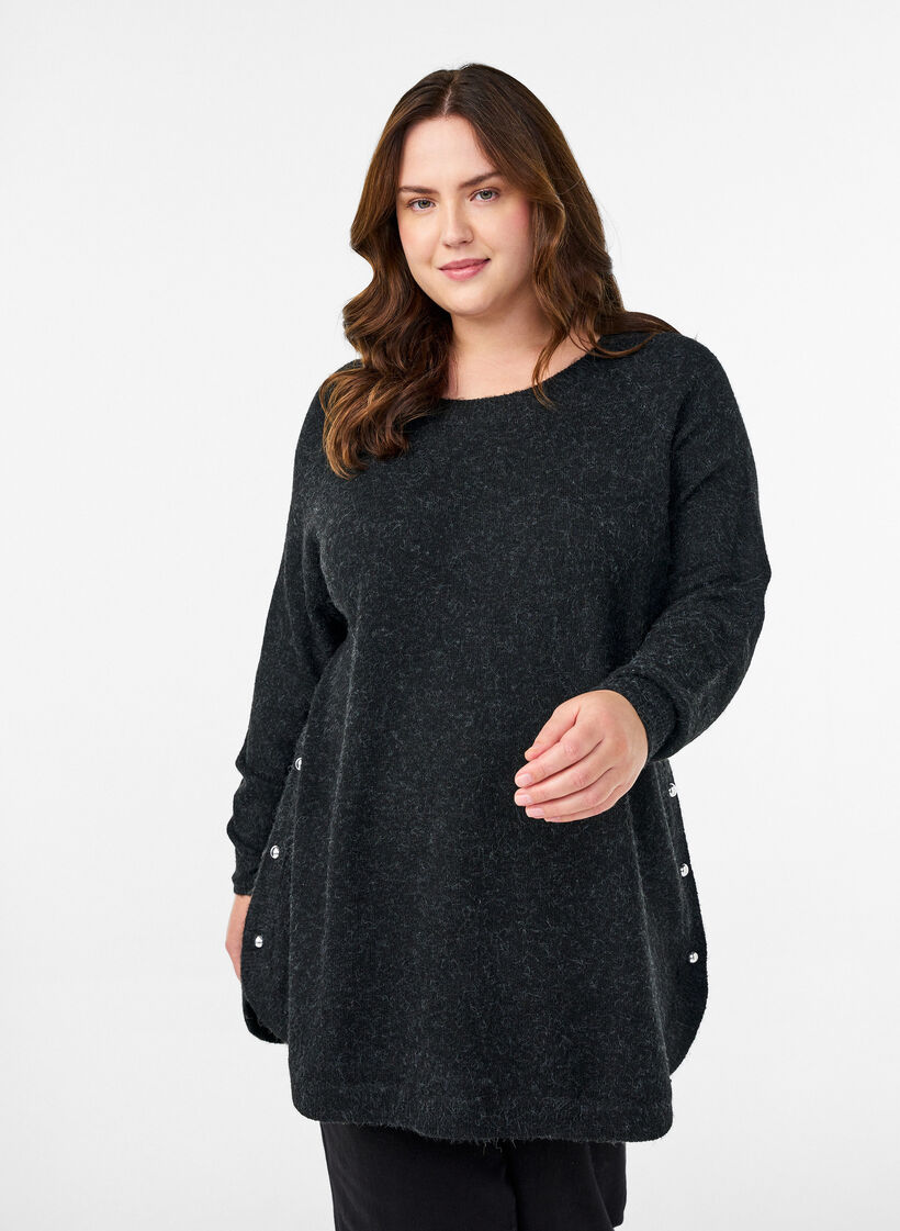 Blouse longue en maille avec boutons boule, Gris anthracite, Model image number 0