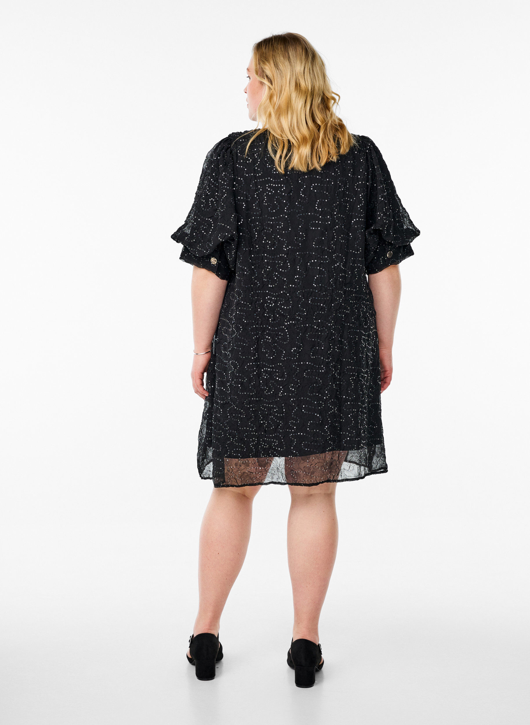 Zizzi Robe de soir&eacute;e courte &agrave; paillettes, Noir, Model image number 2