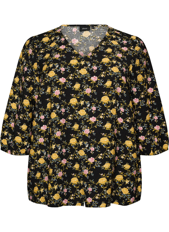 Blouse imprim&eacute;e en viscose avec manches 3/4, Noir, Packshot image number 0