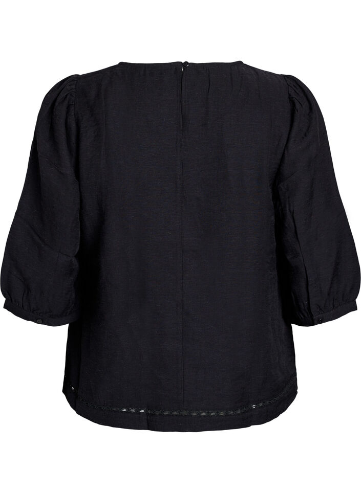 Blouse en mélange de viscose avec du lin et épaules froncées, Noir, Packshot image number 1