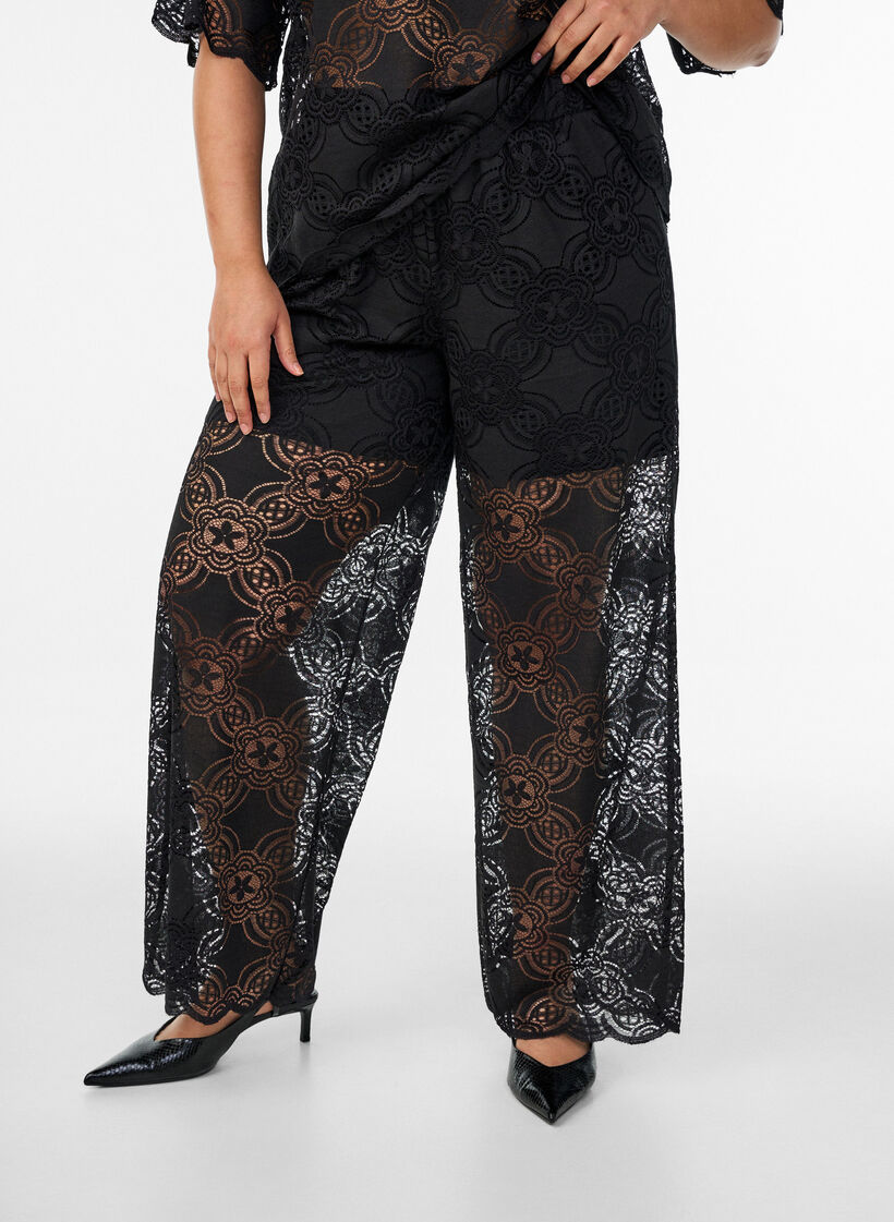 Pantalon large taille haute en dentelle, Noir, Model image number 2