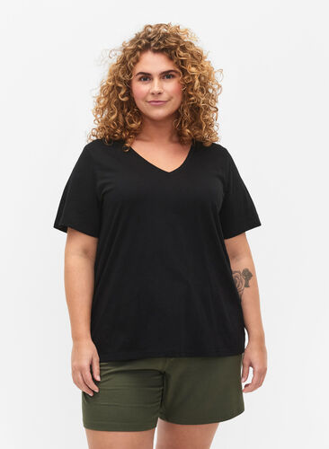 T-shirt basique à manches courtes et col en V, Black, Model image number 0