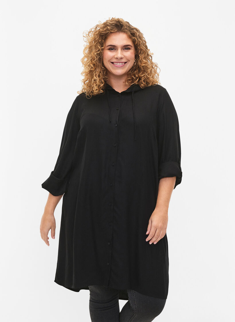 Robe chemise en viscose avec capuche et manches 3/4, Black, Model image number 0