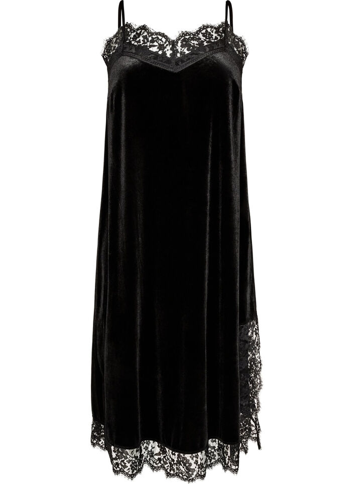 Robe en velours avec dentelle et fente lat&eacute;rale, Noir, Packshot image number 0