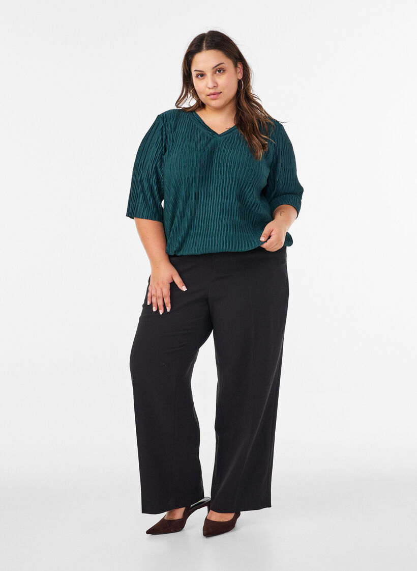 Blouse avec texture ondul&eacute;e et coupe ballon, Vert fonc&eacute;, Model image number 1