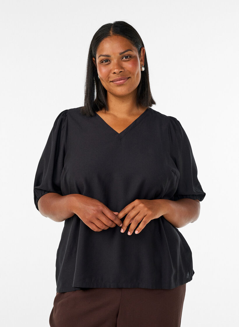 Blouse en viscose avec col en V, Noir, Model image number 0