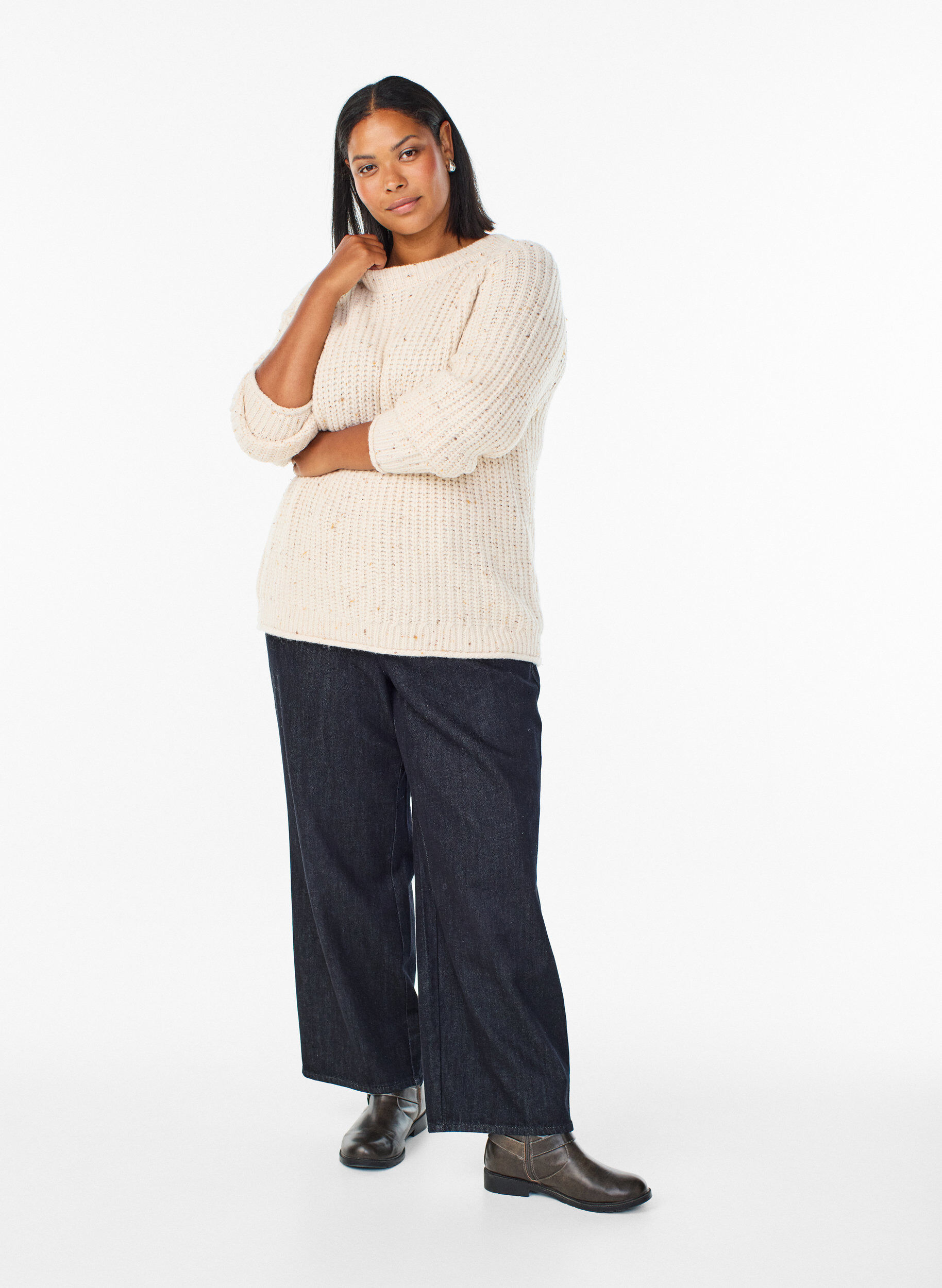 Zizzi Pull en maille avec manches raglan, Beige, Model image number 1