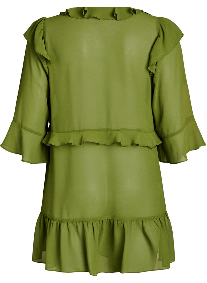 Robe l&eacute;g&egrave;re avec volants et col en V, Vert, Packshot image number 1