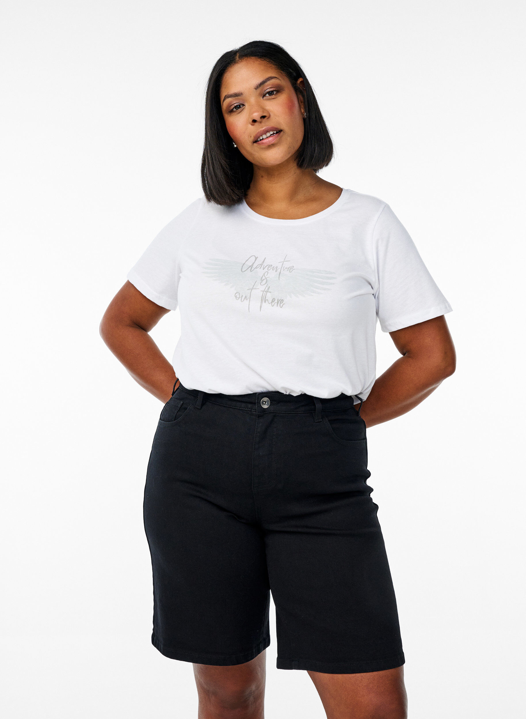 Short en jean ample &agrave; taille haute, Noir, Model