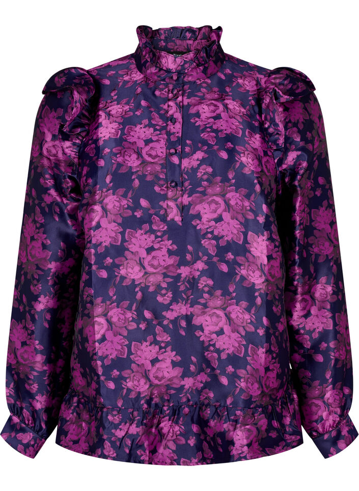 Chemisier jacquard floral avec des volants, Dark Blue Pink, Packshot image number 0
